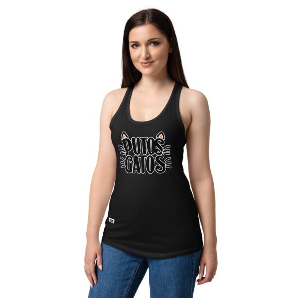 Camiseta de gatos para mujer PUTOS GATOS OFICIAL en color negro, sobre modelo