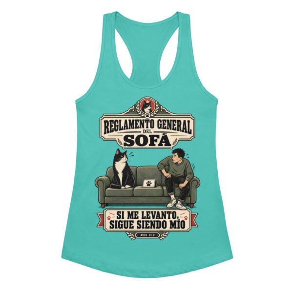 Camiseta de gatos para mujer REGLAMENTO DEL SOFÁ en color azul tahití, vista plana