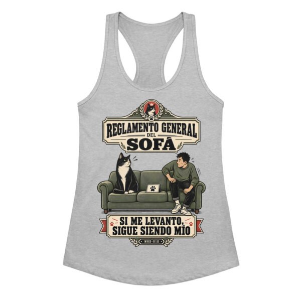 Camiseta de gatos para mujer REGLAMENTO DEL SOFÁ en color gris jaspeado, vista plana