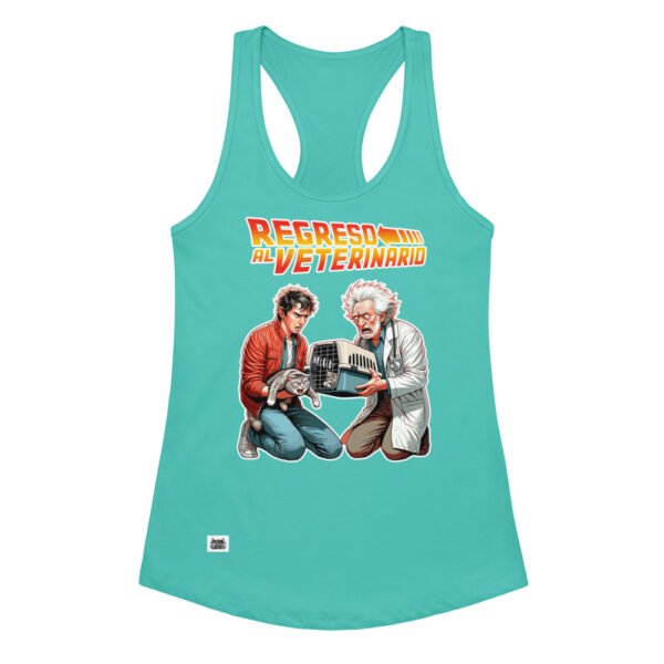 Camiseta de gatos para mujer REGRESO AL VETERINARIO en color azul tahití, vista plana