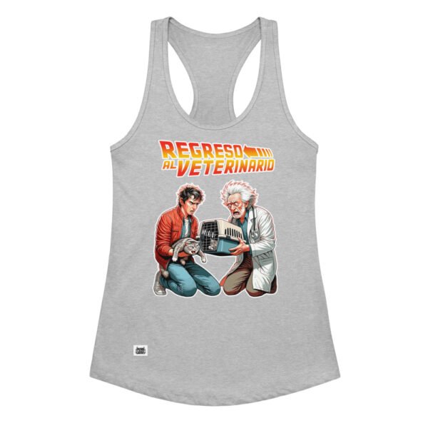 Camiseta de gatos para mujer REGRESO AL VETERINARIO en color gris jaspeado, vista plana