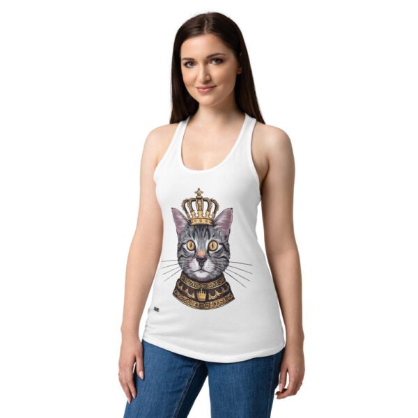 Camiseta de gatos para mujer GATO REY en color blanco, sobre modelo
