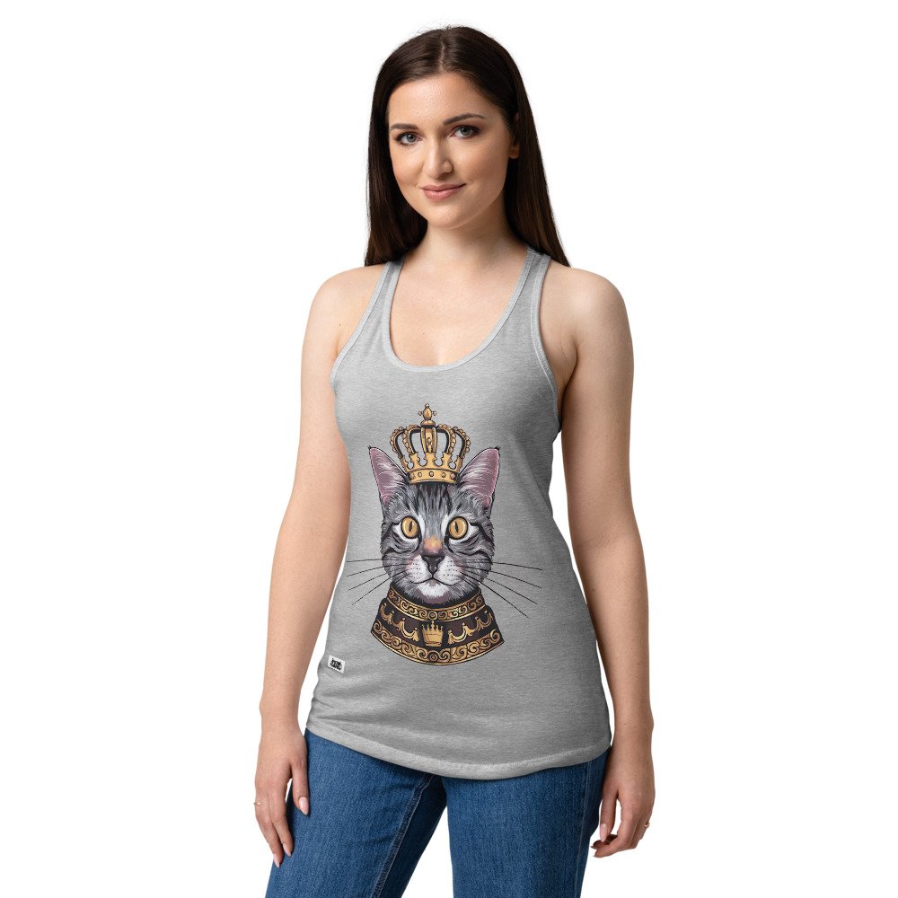 Camiseta de gatos para mujer GATO REY en color gris jaspeado, sobre modelo