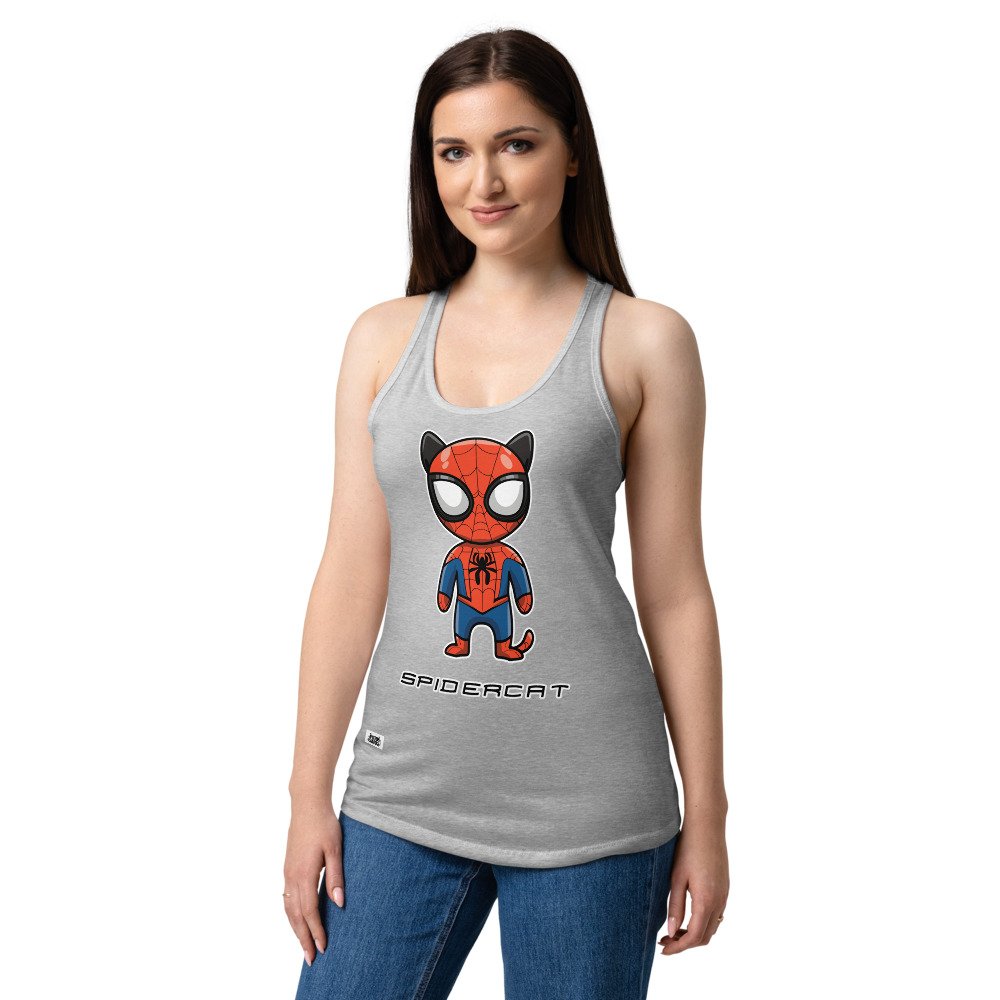 Camiseta de gatos para mujer SPIDER-CAT en color gris jaspeado, sobre modelo