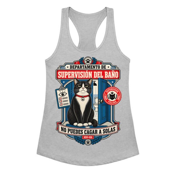 Camiseta de gatos para mujer SUPERVISIÓN DEL BAÑO en color gris jaspeado, vista plana
