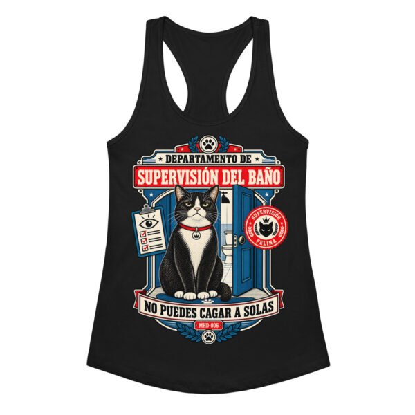 Camiseta de gatos para mujer SUPERVISIÓN DEL BAÑO en color negro, vista plana
