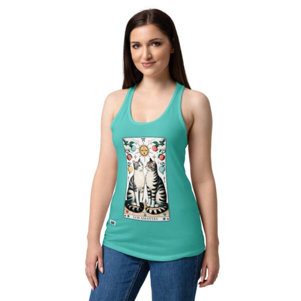 Camiseta de gatos para mujer LE GATOT · LOS AMANTES en color azul tahití, sobre modelo