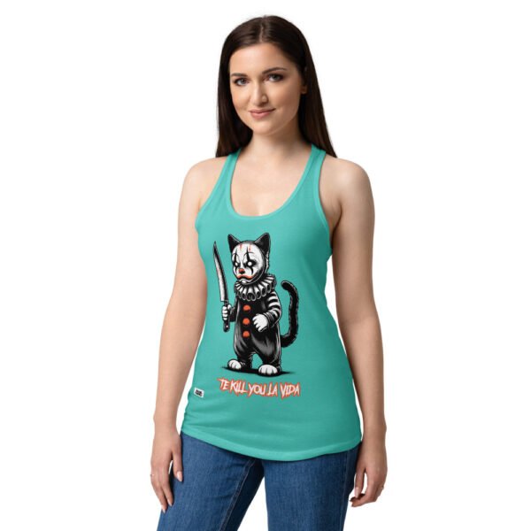 Camiseta de gatos para mujer TE KILL YOU LA VIDA en color azul tahití, sobre modelo
