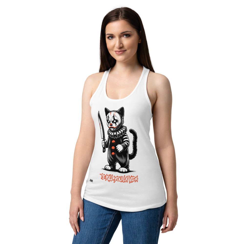 Camiseta de gatos para mujer TE KILL YOU LA VIDA en color blanco, sobre modelo