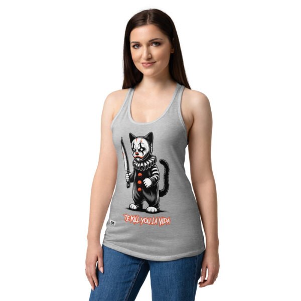 Camiseta de gatos para mujer TE KILL YOU LA VIDA en color gris jaspeado, sobre modelo