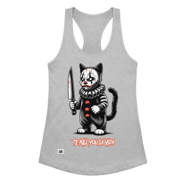 Camiseta de gatos para mujer TE KILL YOU LA VIDA en color gris jaspeado, vista plana