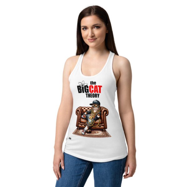 Camiseta de gatos para mujer THE BIG CAT THEORY en color blanco, sobre modelo