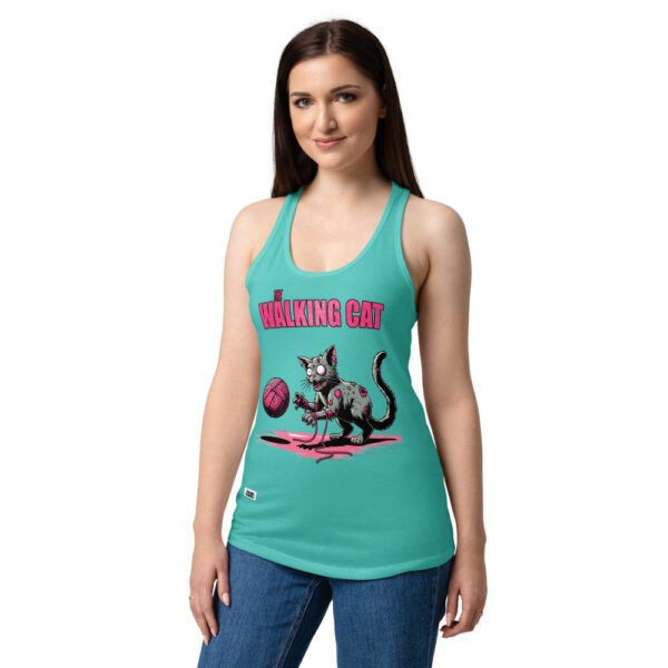 Camiseta de gatos para mujer THE WALKING CAT en color azul tahití, sobre modelo