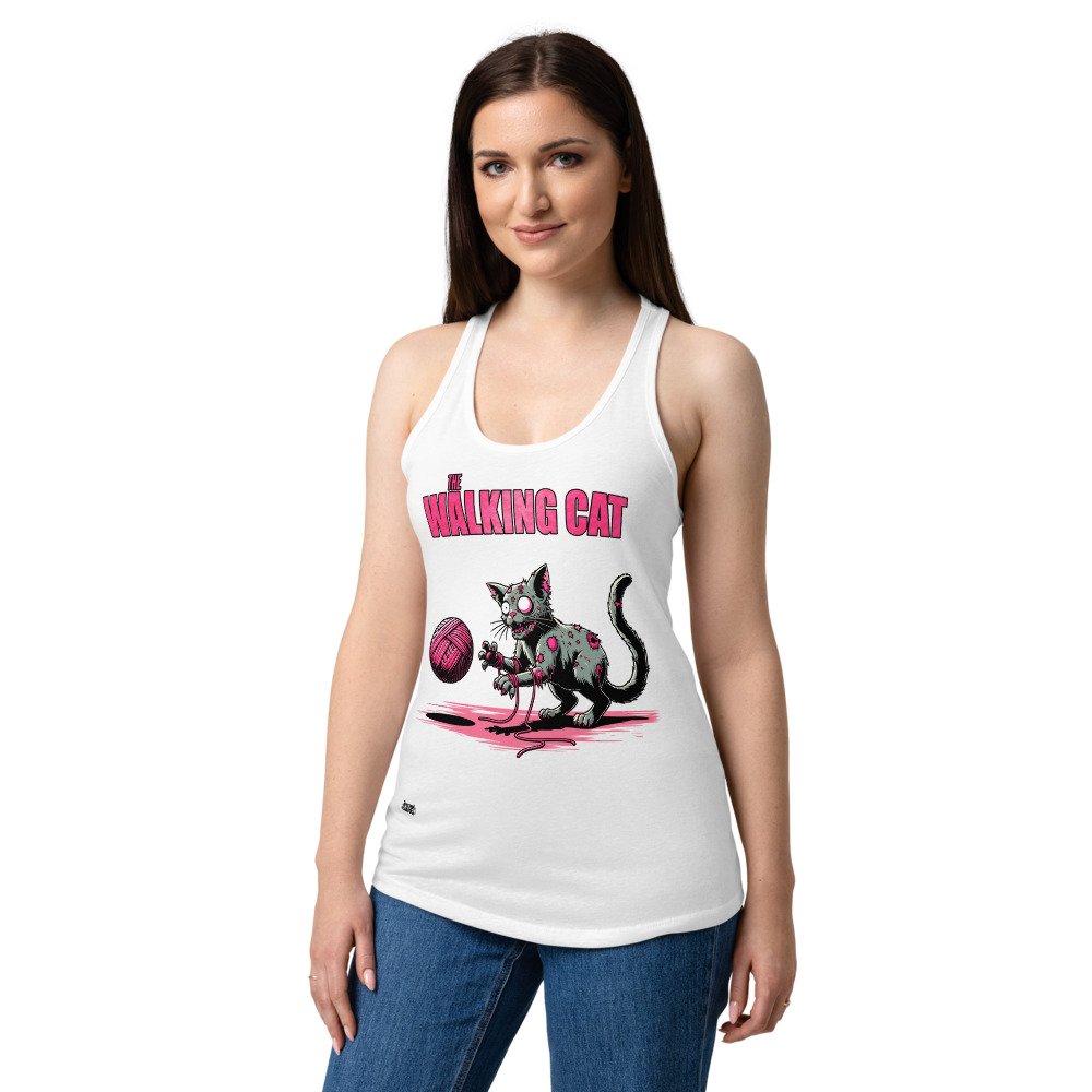 Camiseta de gatos para mujer THE WALKING CAT en color blanco, sobre modelo