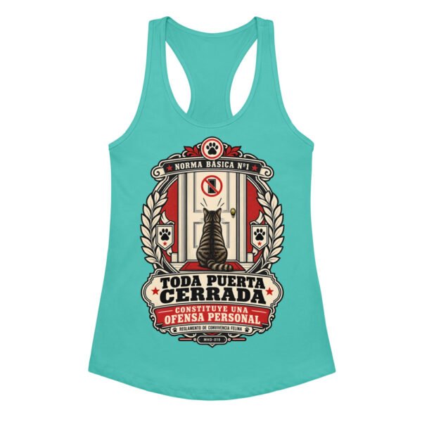 Camiseta de gatos para mujer TODA PUERTA CERRADA ES UNA OFENSA en color azul tahití, vista plana