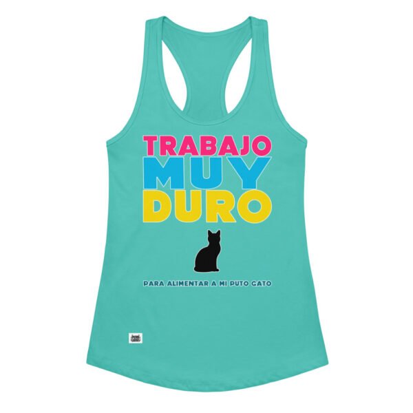 Camiseta de gatos para mujer TRABAJO MUY DURO PARA ALIMENTAR A MI PUTO GATO en color azul tahití, vista plana