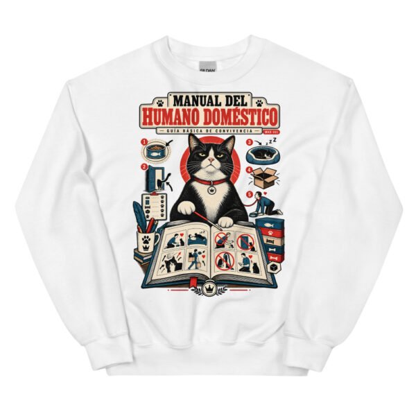 Sudadera de gatos «Guía de convivencia» — diseño MHD-001 de la serie Manual del Humano Doméstico en color Blanco