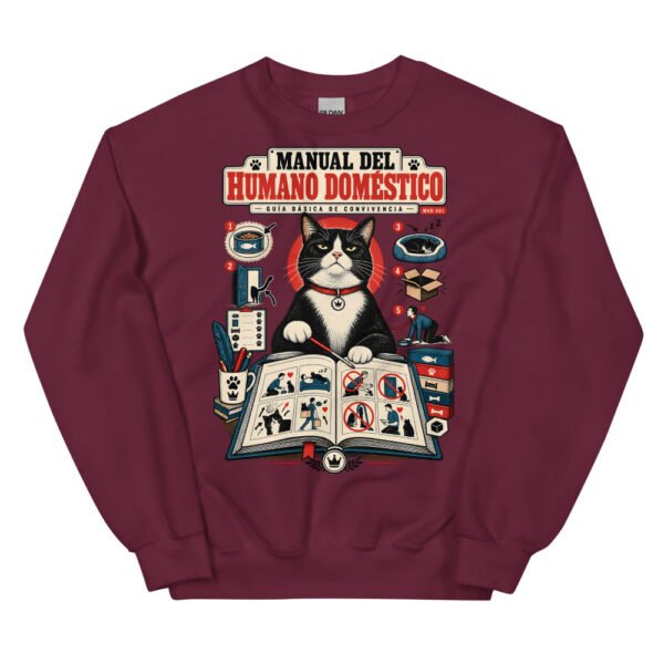 Sudadera de gatos «Guía de convivencia» — diseño MHD-001 de la serie Manual del Humano Doméstico en color Granate