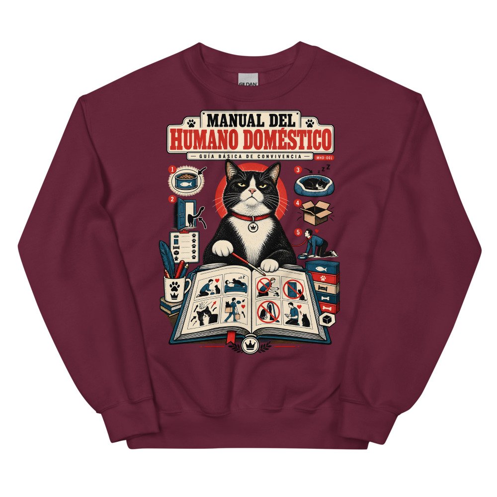 Sudadera de gatos «Guía de convivencia» — diseño MHD-001 de la serie Manual del Humano Doméstico en color Granate