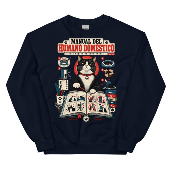 Sudadera de gatos «Guía de convivencia» — diseño MHD-001 de la serie Manual del Humano Doméstico en color Marino