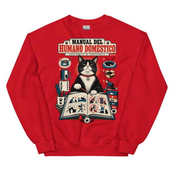 Sudadera de gatos «Guía de convivencia» — diseño MHD-001 de la serie Manual del Humano Doméstico en color Rojo