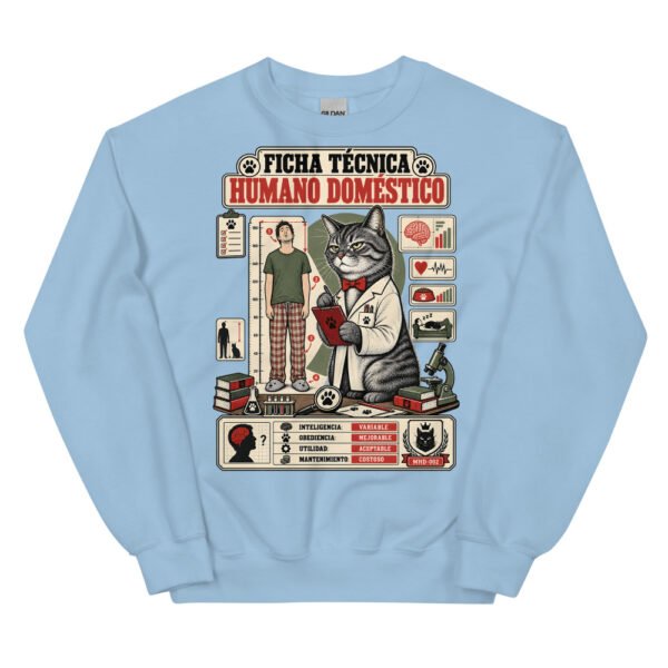 Sudadera de gatos «Ficha técnica del humano» — diseño MHD-002 de la serie Manual del Humano Doméstico en color Azul claro