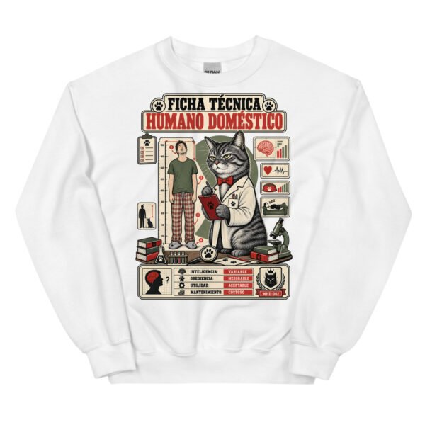 Sudadera de gatos «Ficha técnica del humano» — diseño MHD-002 de la serie Manual del Humano Doméstico en color Blanco