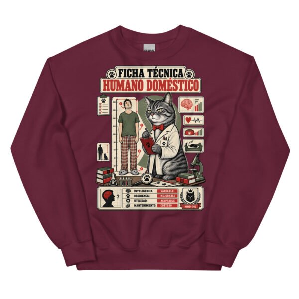 Sudadera de gatos «Ficha técnica del humano» — diseño MHD-002 de la serie Manual del Humano Doméstico en color Granate