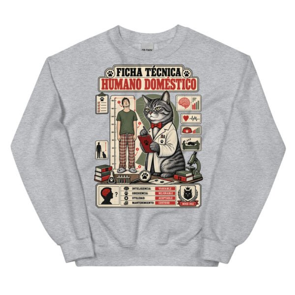 Sudadera de gatos «Ficha técnica del humano» — diseño MHD-002 de la serie Manual del Humano Doméstico en color Gris deportivo