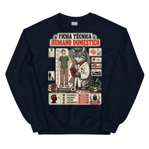 Sudadera de gatos «Ficha técnica del humano» — diseño MHD-002 de la serie Manual del Humano Doméstico en color Marino
