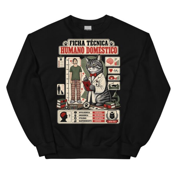 Sudadera de gatos «Ficha técnica del humano» — diseño MHD-002 de la serie Manual del Humano Doméstico en color Negro