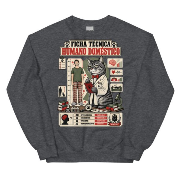 Sudadera de gatos «Ficha técnica del humano» — diseño MHD-002 de la serie Manual del Humano Doméstico en color Oscuro jaspeado
