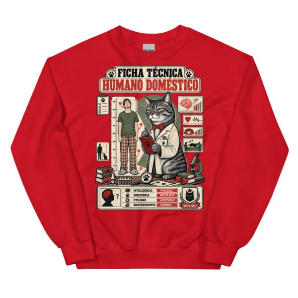 Sudadera de gatos «Ficha técnica del humano» — diseño MHD-002 de la serie Manual del Humano Doméstico en color Rojo