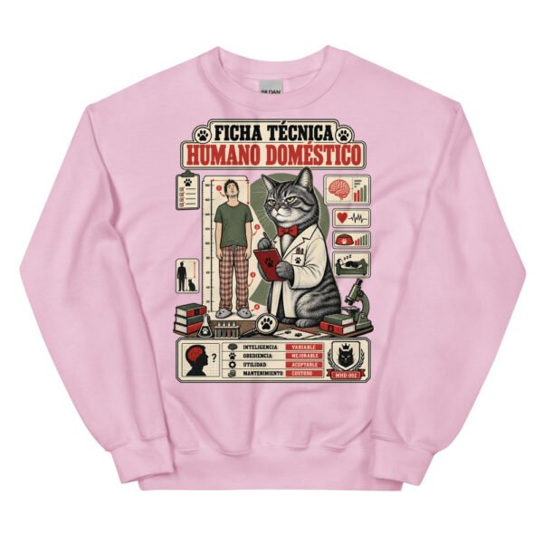 Sudadera de gatos «Ficha técnica del humano» — diseño MHD-002 de la serie Manual del Humano Doméstico en color Rosa claro