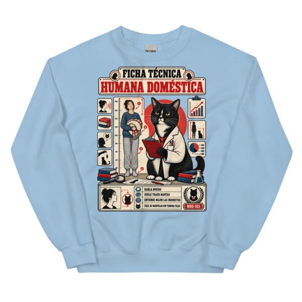Sudadera de gatos «Ficha técnica de la humana» — diseño MHD-003 de la serie Manual del Humano Doméstico en color Azul claro