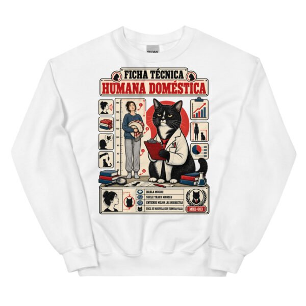 Sudadera de gatos «Ficha técnica de la humana» — diseño MHD-003 de la serie Manual del Humano Doméstico en color Blanco