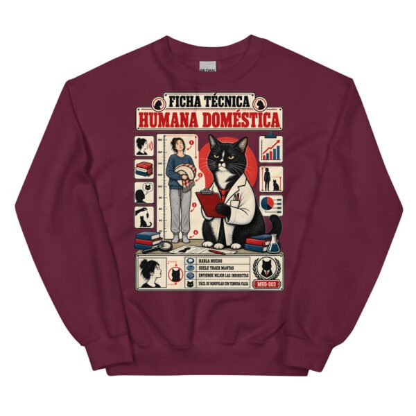 Sudadera de gatos «Ficha técnica de la humana» — diseño MHD-003 de la serie Manual del Humano Doméstico en color Granate