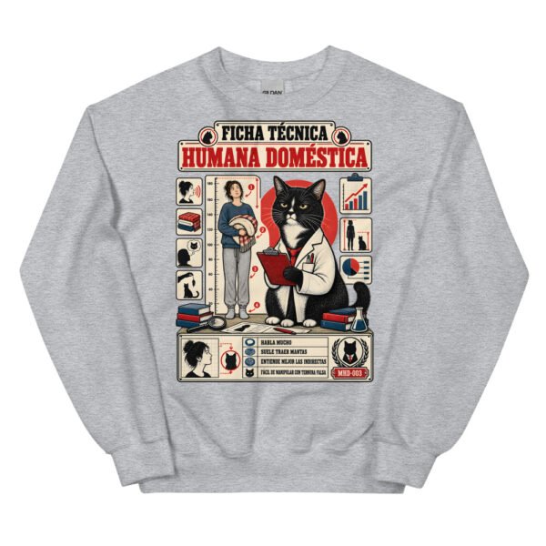 Sudadera de gatos «Ficha técnica de la humana» — diseño MHD-003 de la serie Manual del Humano Doméstico en color Gris deportivo