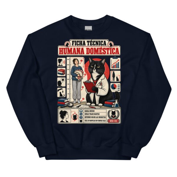 Sudadera de gatos «Ficha técnica de la humana» — diseño MHD-003 de la serie Manual del Humano Doméstico en color Marino