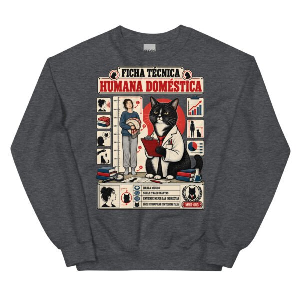 Sudadera de gatos «Ficha técnica de la humana» — diseño MHD-003 de la serie Manual del Humano Doméstico en color Oscuro jaspeado