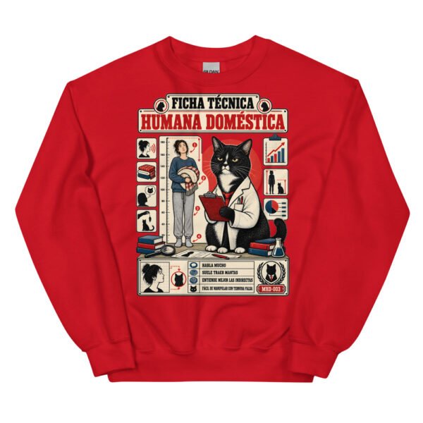 Sudadera de gatos «Ficha técnica de la humana» — diseño MHD-003 de la serie Manual del Humano Doméstico en color Rojo