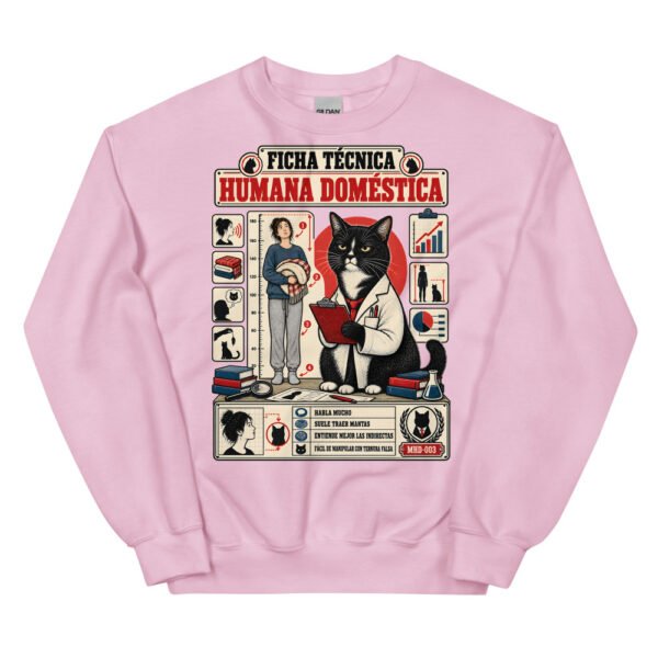 Sudadera de gatos «Ficha técnica de la humana» — diseño MHD-003 de la serie Manual del Humano Doméstico en color Rosa claro