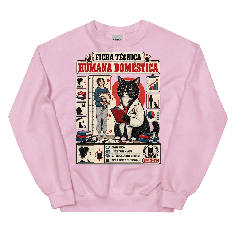 Sudadera de gatos «Ficha técnica de la humana» — diseño MHD-003 de la serie Manual del Humano Doméstico en color Rosa claro