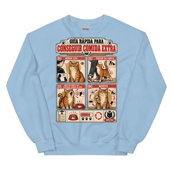 Sudadera de gatos «Cómo conseguir comida extra» — diseño MHD-004 de la serie Manual del Humano Doméstico en color Azul claro