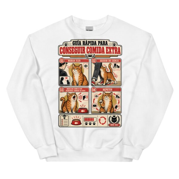 Sudadera de gatos «Cómo conseguir comida extra» — diseño MHD-004 de la serie Manual del Humano Doméstico en color Blanco
