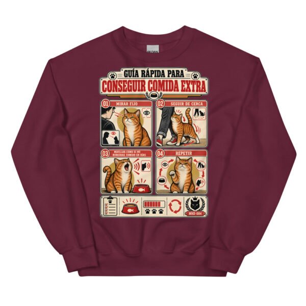 Sudadera de gatos «Cómo conseguir comida extra» — diseño MHD-004 de la serie Manual del Humano Doméstico en color Granate