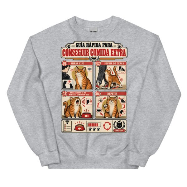 Sudadera de gatos «Cómo conseguir comida extra» — diseño MHD-004 de la serie Manual del Humano Doméstico en color Gris deportivo