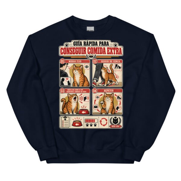 Sudadera de gatos «Cómo conseguir comida extra» — diseño MHD-004 de la serie Manual del Humano Doméstico en color Marino