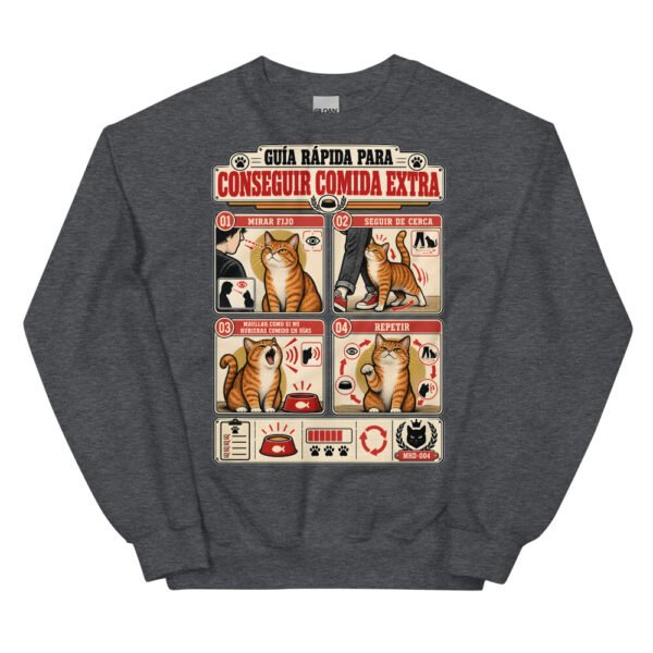 Sudadera de gatos «Cómo conseguir comida extra» — diseño MHD-004 de la serie Manual del Humano Doméstico en color Oscuro jaspeado