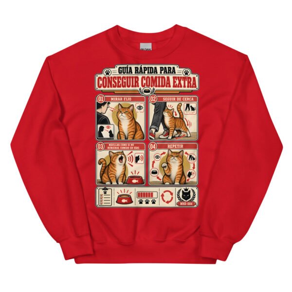Sudadera de gatos «Cómo conseguir comida extra» — diseño MHD-004 de la serie Manual del Humano Doméstico en color Rojo